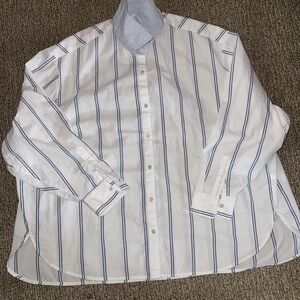 aerie White Button-Down Shirt with Navy Stripes